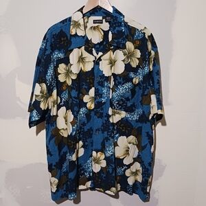Hawaiian Shirt Button Down Silk Floral Shirt Blue